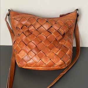 Vilenca Cognac Brown Leather Woven Crossbody Bag Boho Casual Coastal Cottage